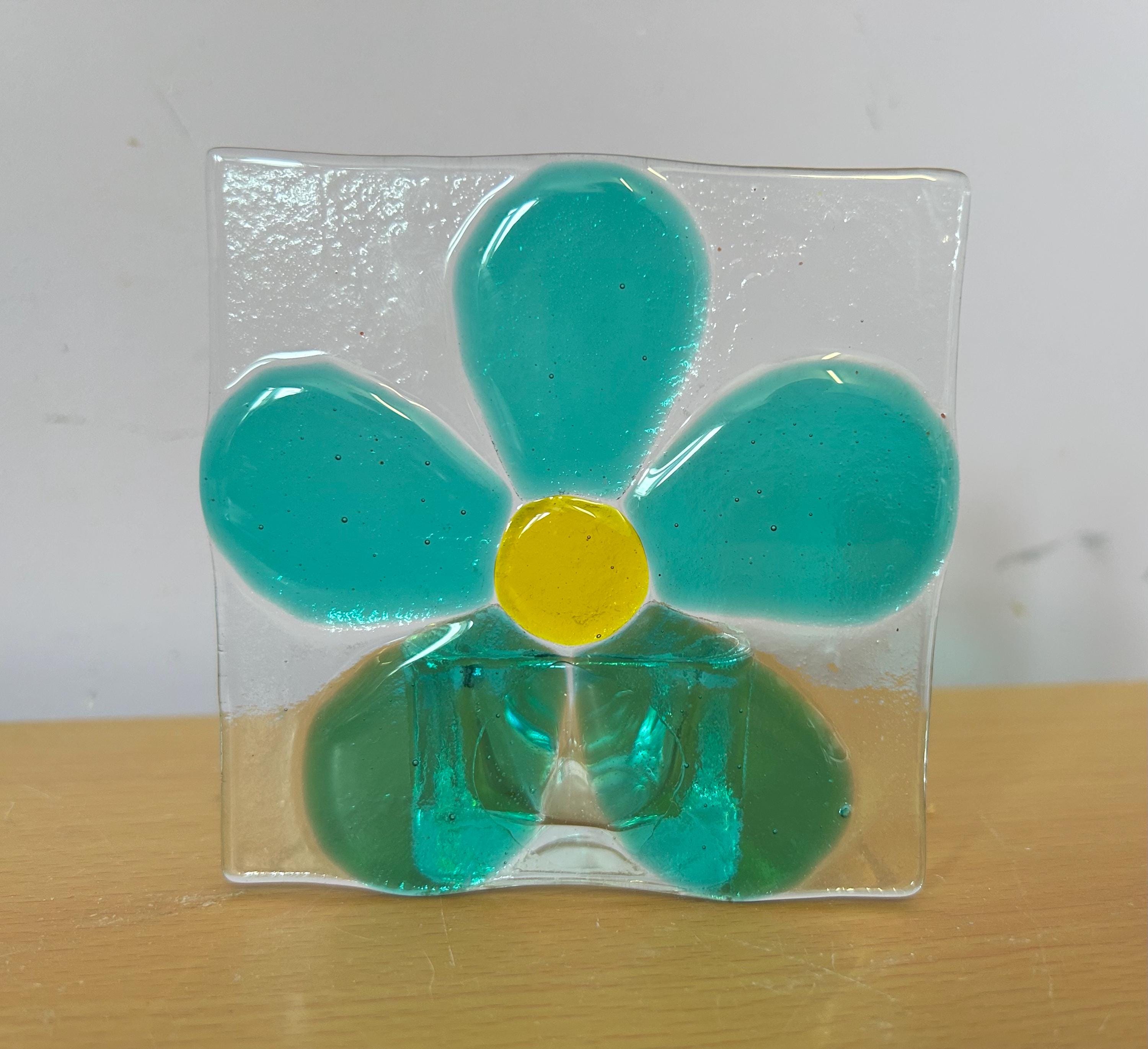 Fused glass xmas candle tea light. Blue flower.