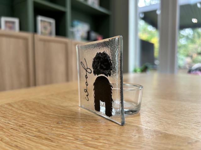 Dog “Woof” Fused Glass Candle Holder – Handmade Tealight for Pet Lovers, Dog Tea Light Holder – Woof Design – Gift for Dog Owners