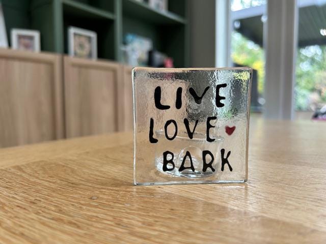 Live Love Bark Tea Light Holder – Fused Glass Dog Lover Gift – Handmade Candle Decor. Dog Lover Tea Light - Pet Lover Gift Idea