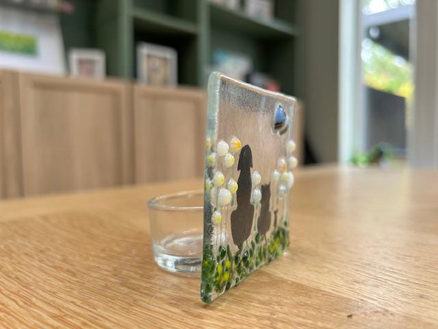 Fused Glass Tea Light Holder – Dog, Cat & Mouse Silhouettes – Handmade Animal Candle Decor