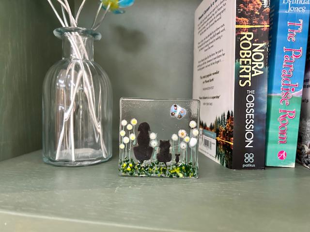 Fused Glass Tea Light Holder – Dog, Cat & Mouse Silhouettes – Handmade Animal Candle Decor