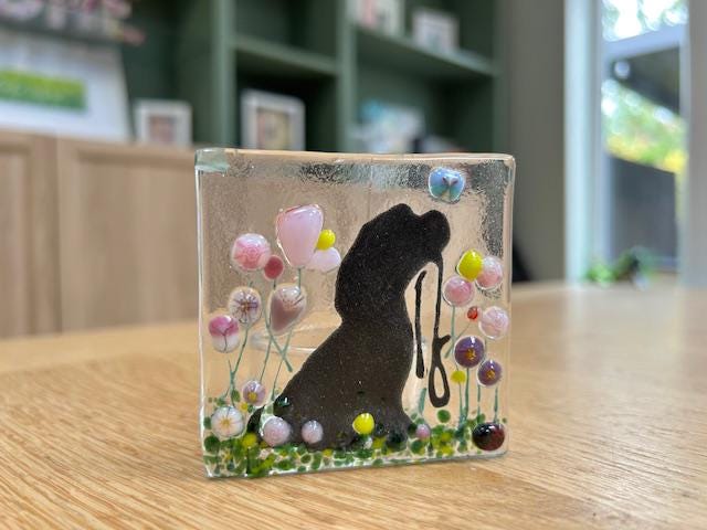 Fused Glass Dog Silhouette Tea Light Holder - pinks