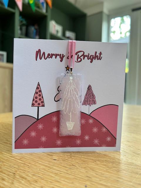 Pink Christmas Card with Glass Ornament – A Gift & Greeting in One – Unique Gift for Any Occasion, Personalised Card with Glass Charm