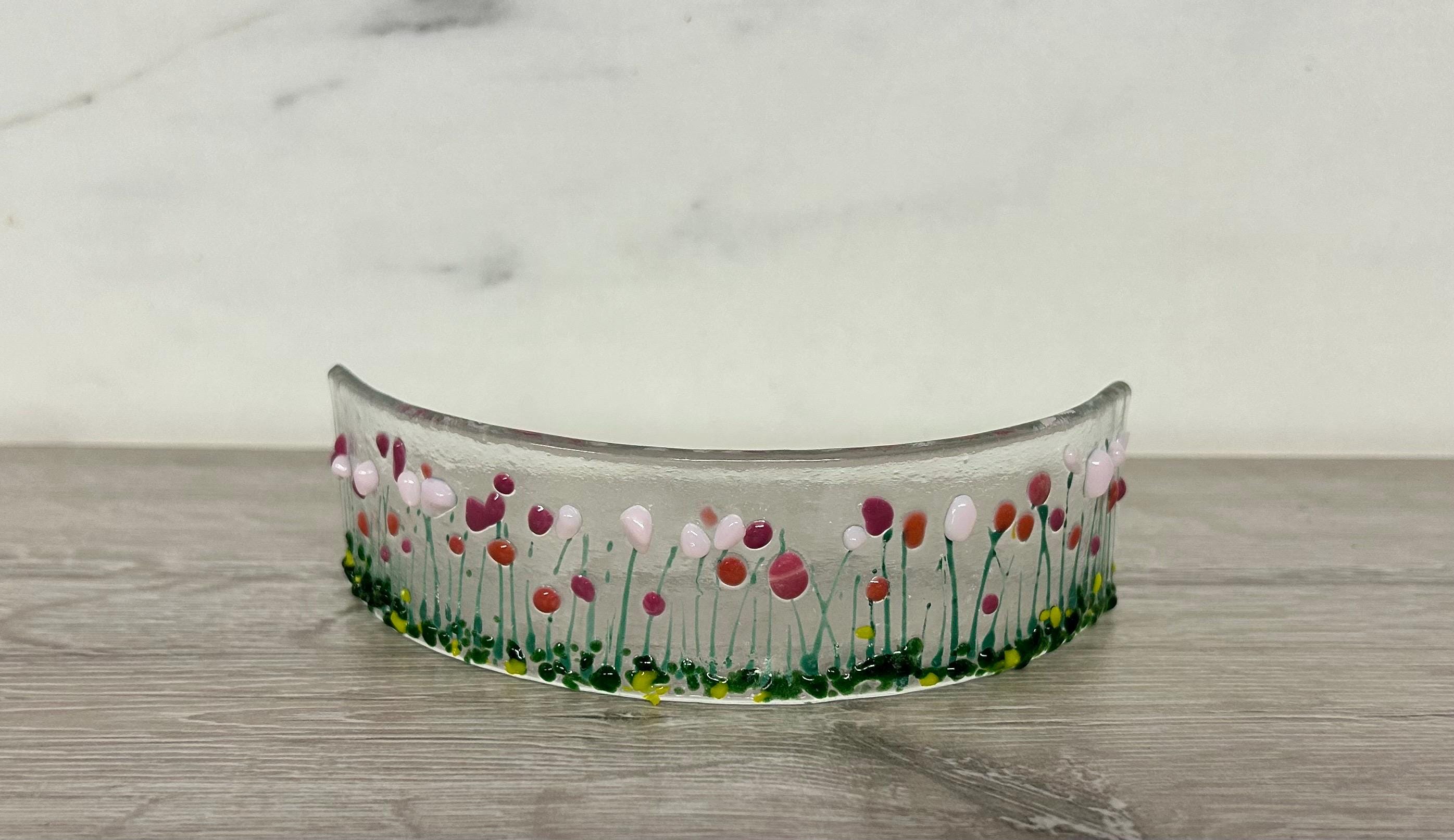 Handmade Fused Glass Floral Curve - pinks