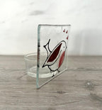 Handmade Fused Glass Tea Light Holder – Red Robin with Hearts – Bird Lover Gift