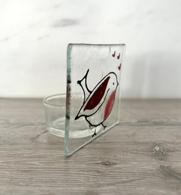 Handmade Fused Glass Tea Light Holder – Red Robin with Hearts – Bird Lover Gift