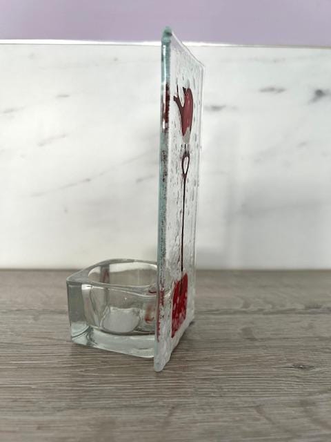Handmade Fused Glass Tea Light Holder – Red Robin - Robin red breast - Xmas robin – Bird Lover Gift