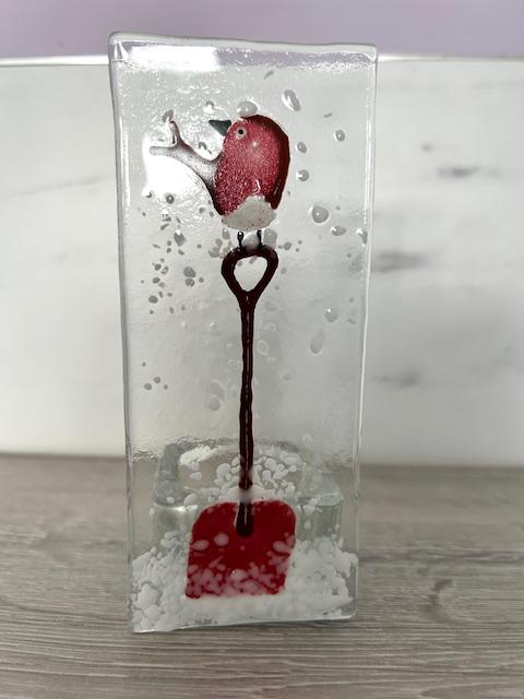 Handmade Fused Glass Tea Light Holder – Red Robin - Robin red breast - Xmas robin – Bird Lover Gift