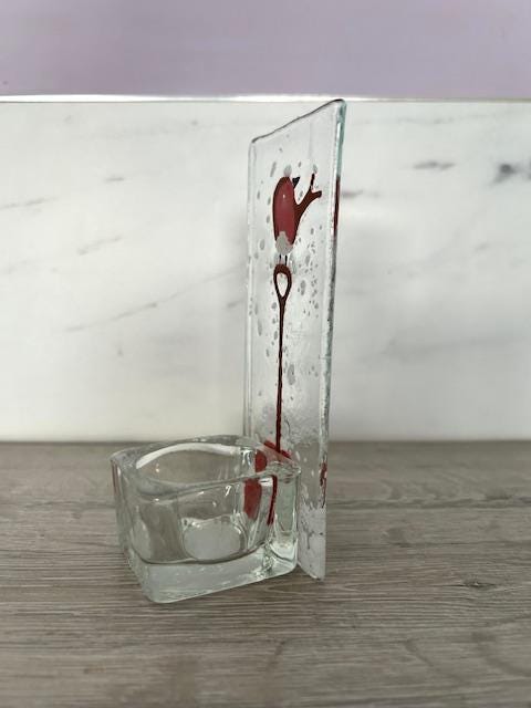 Handmade Fused Glass Tea Light Holder – Red Robin - Robin red breast - Xmas robin – Bird Lover Gift