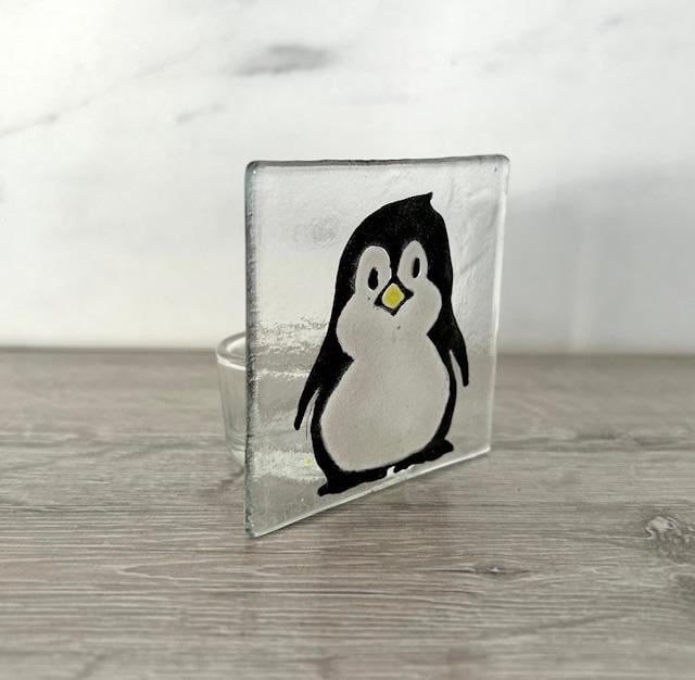 Handmade Fused Glass Tea Light Holder – Cute little Penguin – Xmas tea light holder - Xmas gift