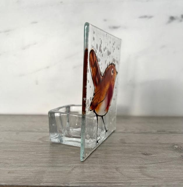 Fused Glass Christmas Robin Tea Light Holder