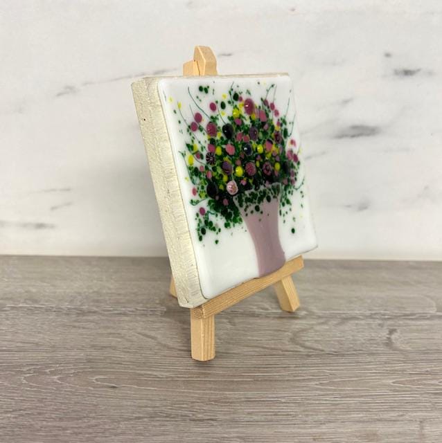 Handmade fused glass mini art on wooden easel. Glass artwork. Small decorative gift.