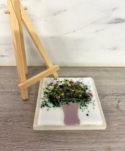 Handmade fused glass mini art on wooden easel. Glass artwork. Small decorative gift.