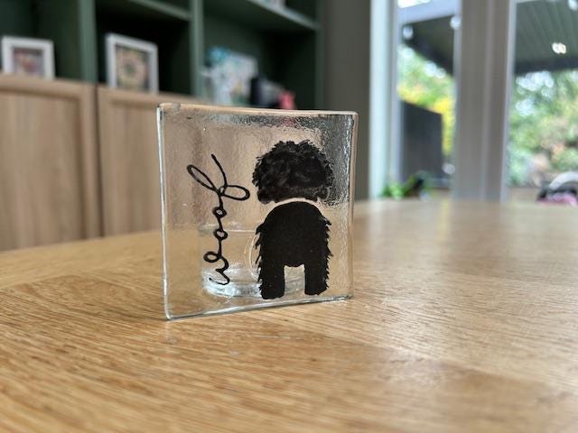 Dog “Woof” Fused Glass Candle Holder – Handmade Tealight for Pet Lovers, Dog Tea Light Holder – Woof Design – Gift for Dog Owners