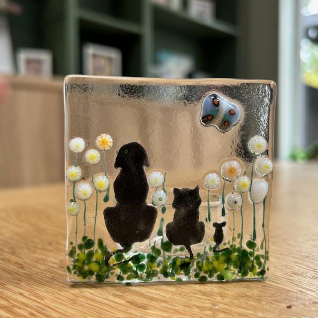 Fused Glass Tea Light Holder – Dog, Cat & Mouse Silhouettes – Handmade Animal Candle Decor