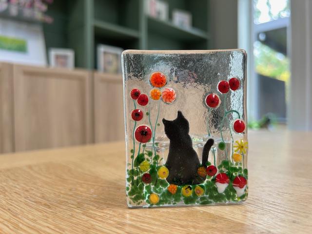 Fused Glass Cat Tealight Holder – Handmade Floral Candle Gift – Ideal for Christmas & Birthdays