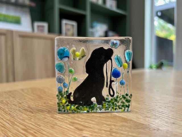 Fused Glass Dog Silhouette Tea Light Holder - blues