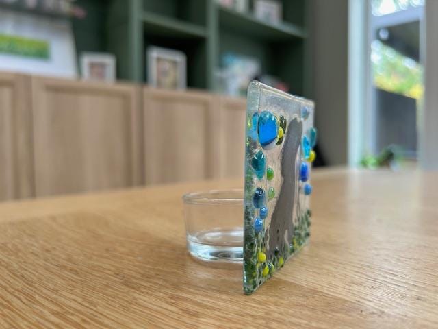 Fused Glass Dog Silhouette Tea Light Holder - blues