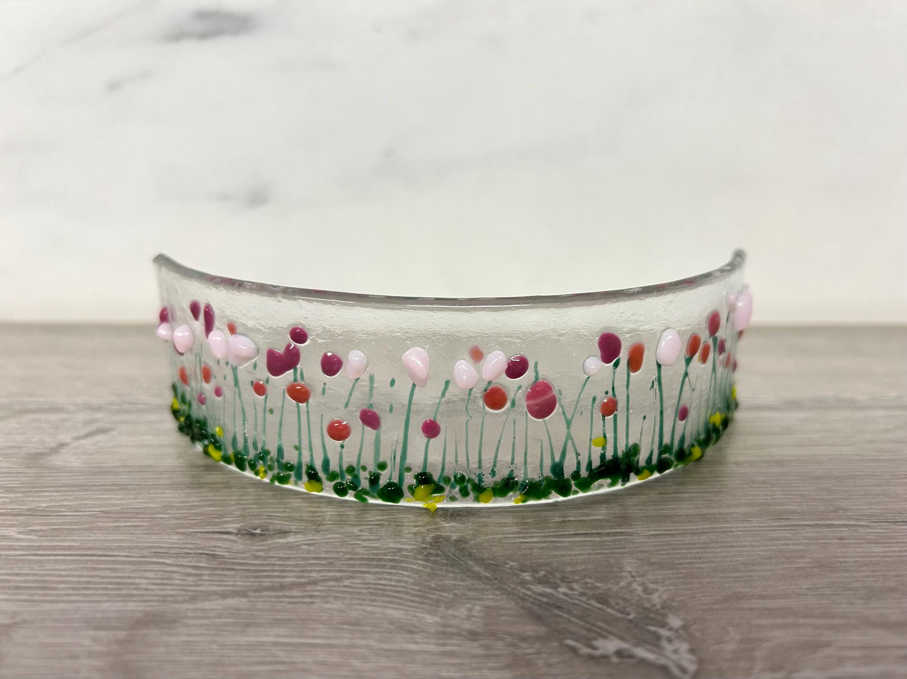 Handmade Fused Glass Floral Curve - pinks
