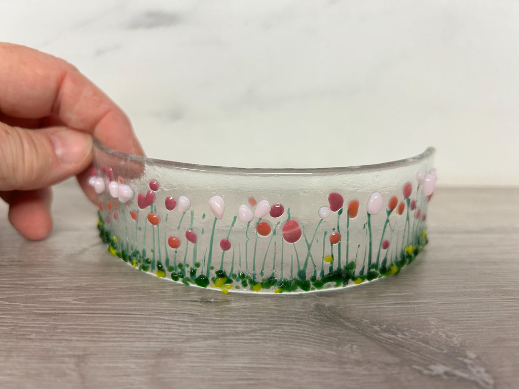 Handmade Fused Glass Floral Curve - pinks