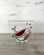 Handmade Fused Glass Tea Light Holder – Red Robin with Hearts – Bird Lover Gift