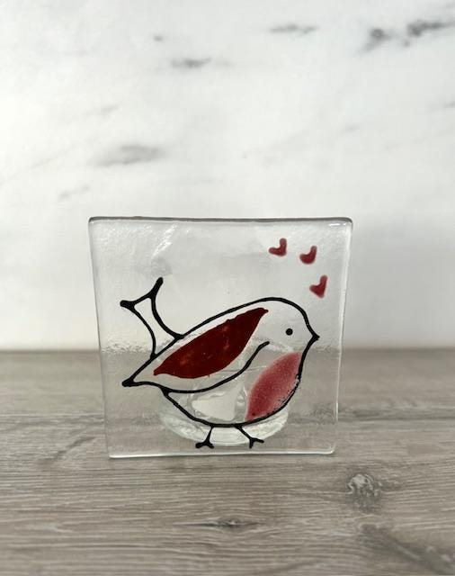 Handmade Fused Glass Tea Light Holder – Red Robin with Hearts – Bird Lover Gift
