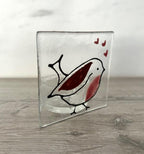 Handmade Fused Glass Tea Light Holder – Red Robin with Hearts – Bird Lover Gift
