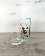 Handmade Fused Glass Tea Light Holder – Red Robin with Hearts – Bird Lover Gift