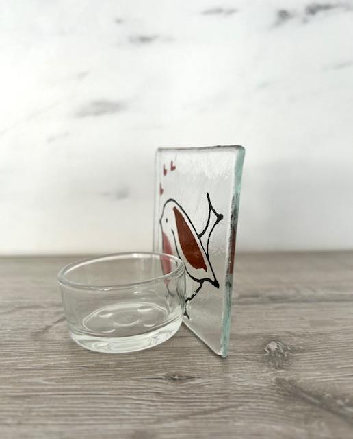 Handmade Fused Glass Tea Light Holder – Red Robin with Hearts – Bird Lover Gift