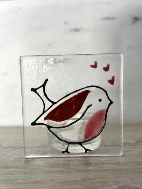 Handmade Fused Glass Tea Light Holder – Red Robin with Hearts – Bird Lover Gift