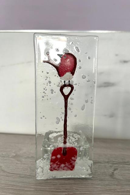Handmade Fused Glass Tea Light Holder – Red Robin - Robin red breast - Xmas robin – Bird Lover Gift