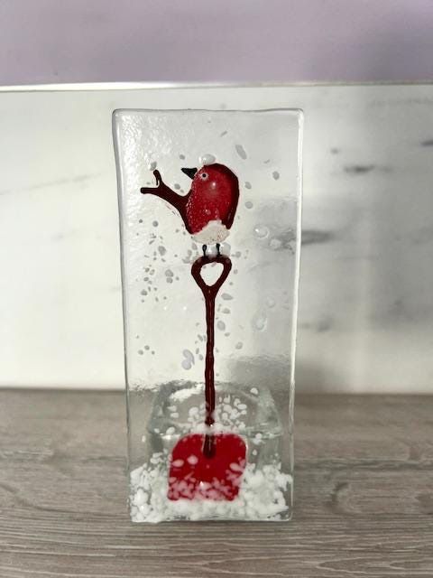 Handmade Fused Glass Tea Light Holder – Red Robin - Robin red breast - Xmas robin – Bird Lover Gift