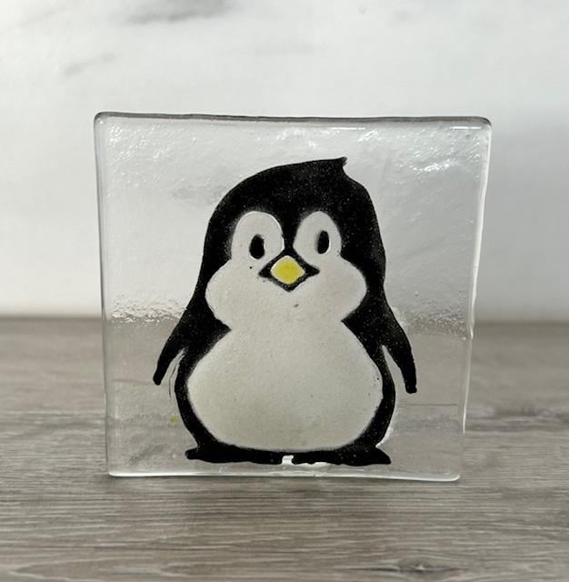 Handmade Fused Glass Tea Light Holder – Cute little Penguin – Xmas tea light holder - Xmas gift