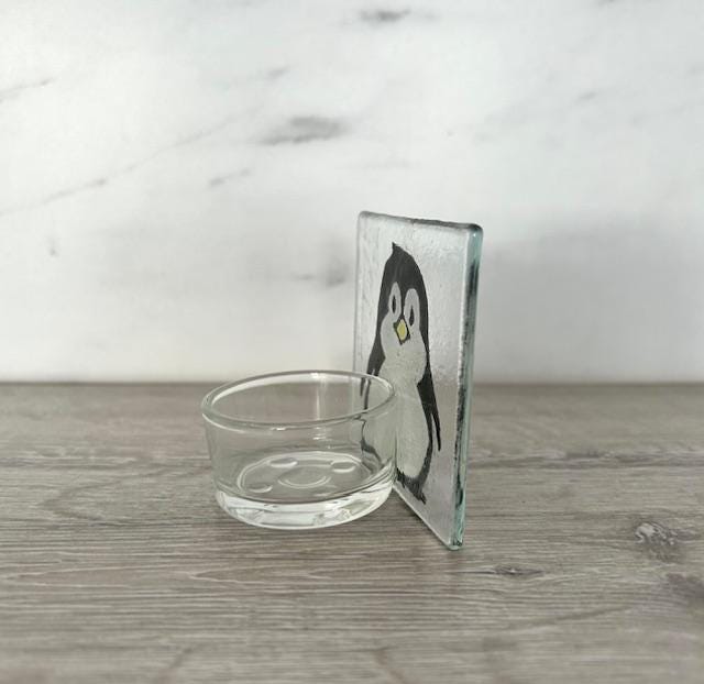 Handmade Fused Glass Tea Light Holder – Cute little Penguin – Xmas tea light holder - Xmas gift