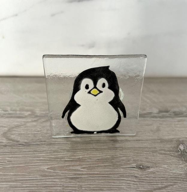 Handmade Fused Glass Tea Light Holder – Cute little Penguin – Xmas tea light holder - Xmas gift