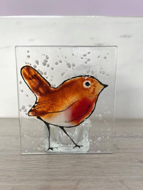 Fused glass Christmas robin, festive ornament, holiday decoration, holiday mantel decor, tabletop decoration, Christmas gift