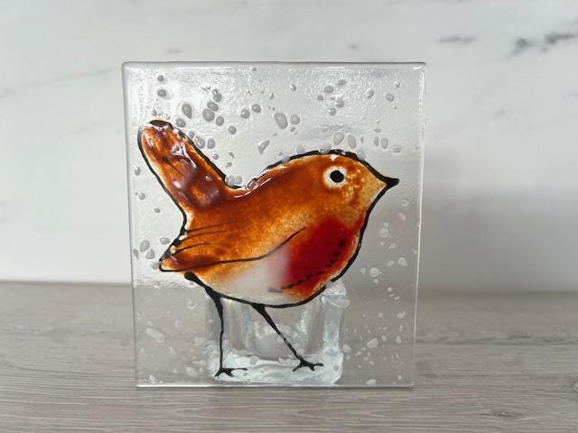 Fused glass Christmas robin, festive ornament, holiday decoration, holiday mantel decor, tabletop decoration, Christmas gift