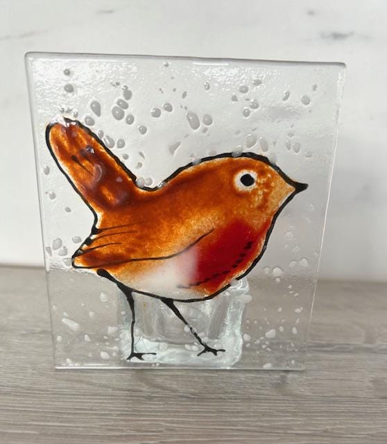 Fused glass Christmas robin, festive ornament, holiday decoration, holiday mantel decor, tabletop decoration, Christmas gift