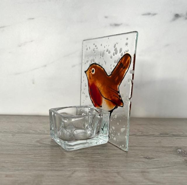 Fused glass Christmas robin, festive ornament, holiday decoration, holiday mantel decor, tabletop decoration, Christmas gift