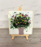 Handmade fused glass mini art on wooden easel. Glass artwork. Small decorative gift.