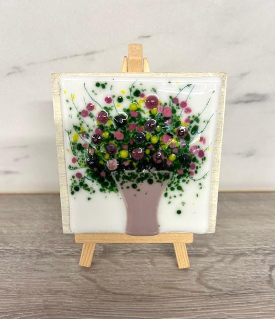 Handmade fused glass mini art on wooden easel. Glass artwork. Small decorative gift.