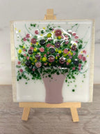 Handmade fused glass mini art on wooden easel. Glass artwork. Small decorative gift.