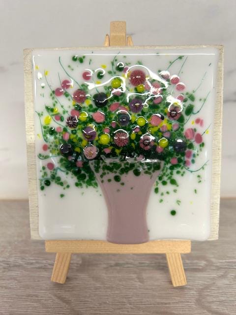 Handmade fused glass mini art on wooden easel. Glass artwork. Small decorative gift.
