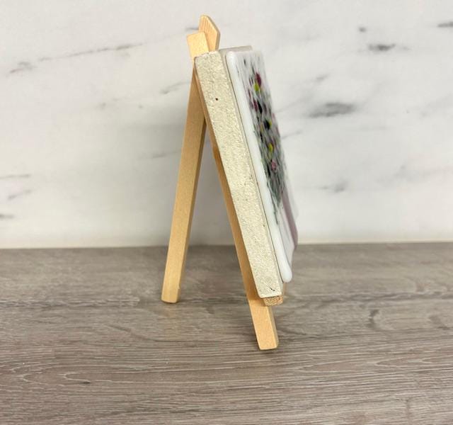 Handmade fused glass mini art on wooden easel. Glass artwork. Small decorative gift.
