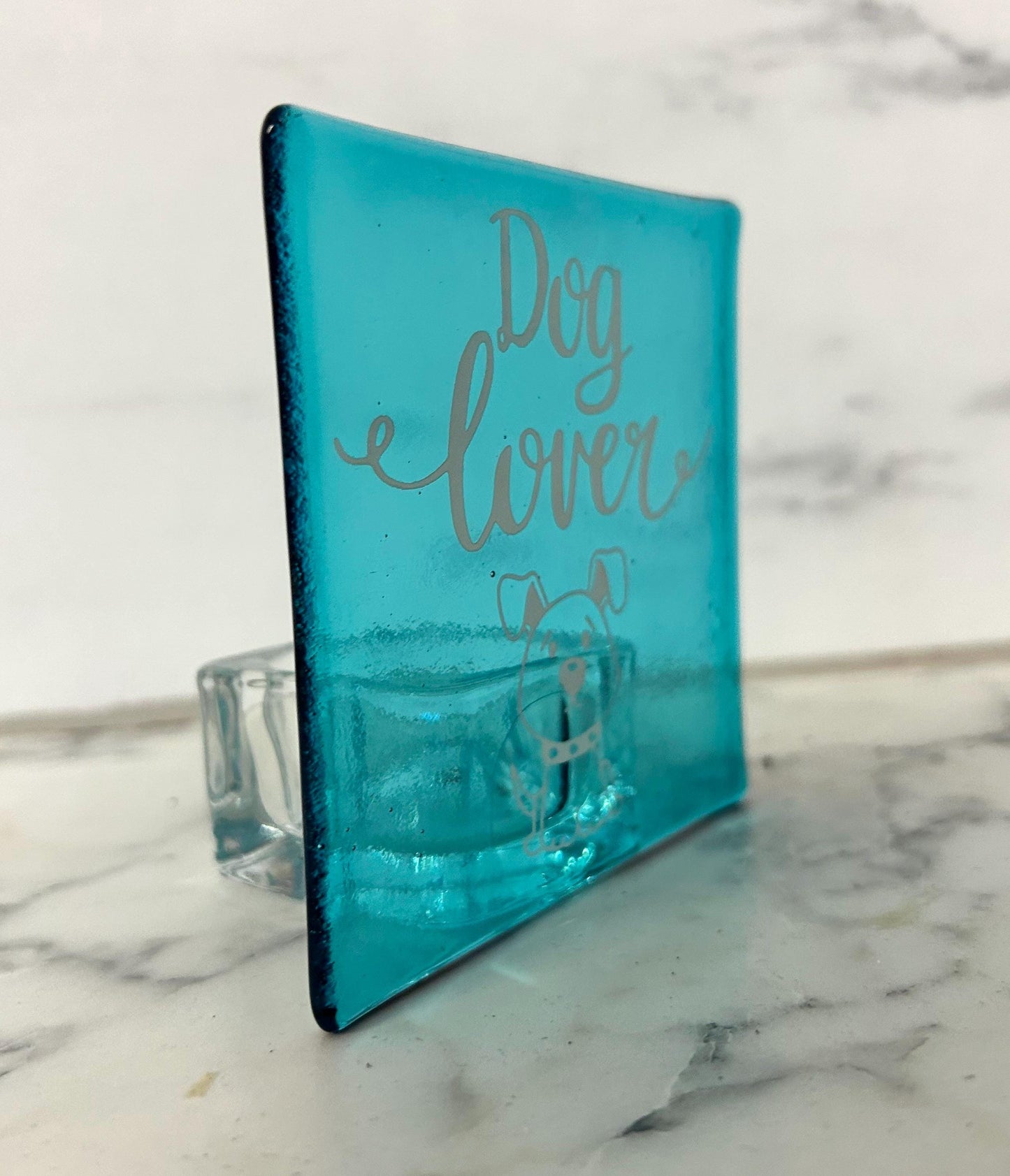 Fused glass screen printed dog lover tea light holder