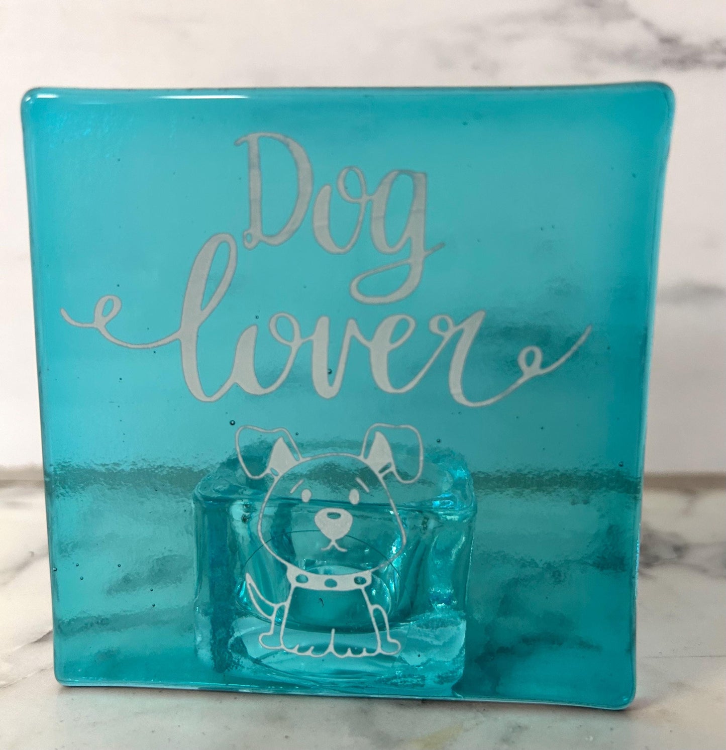 Fused glass screen printed dog lover tea light holder