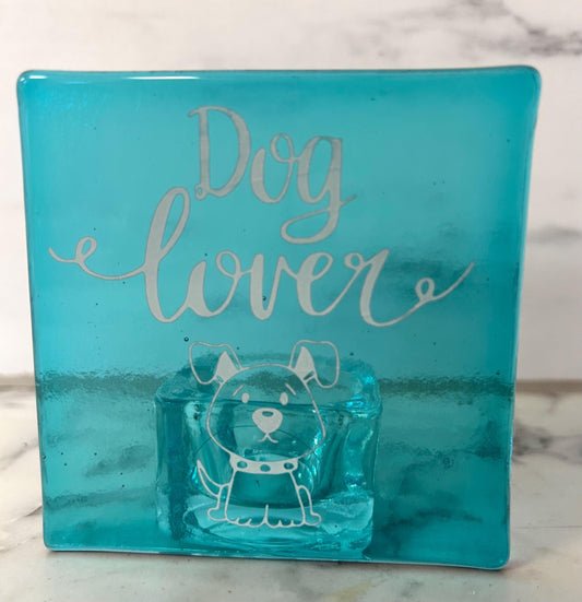 Fused glass screen printed dog lover tea light holder