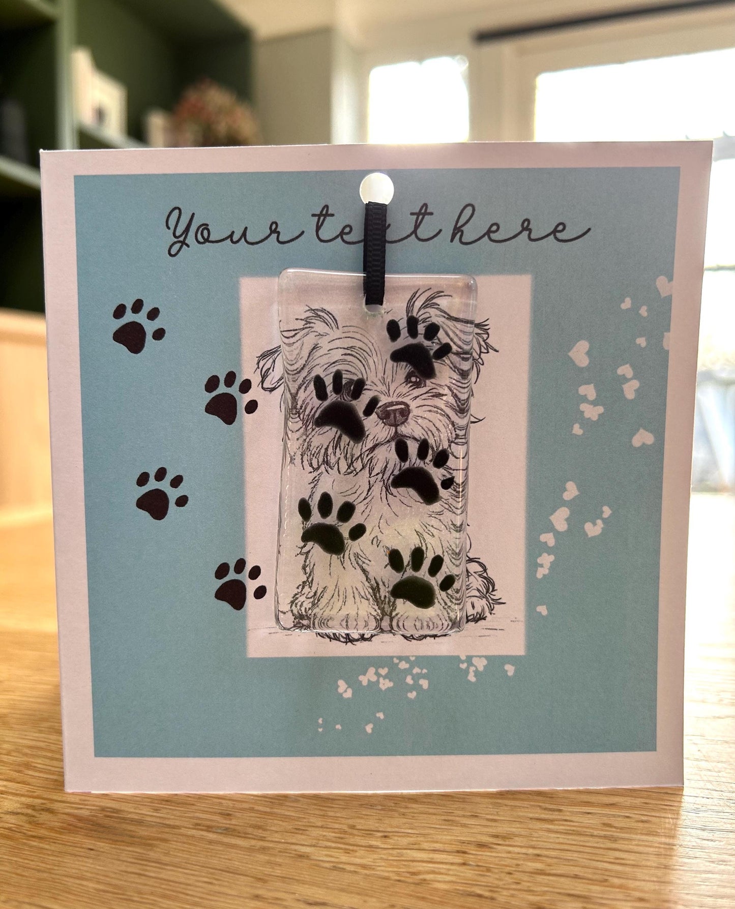 Small dog greetings card with glass ornament