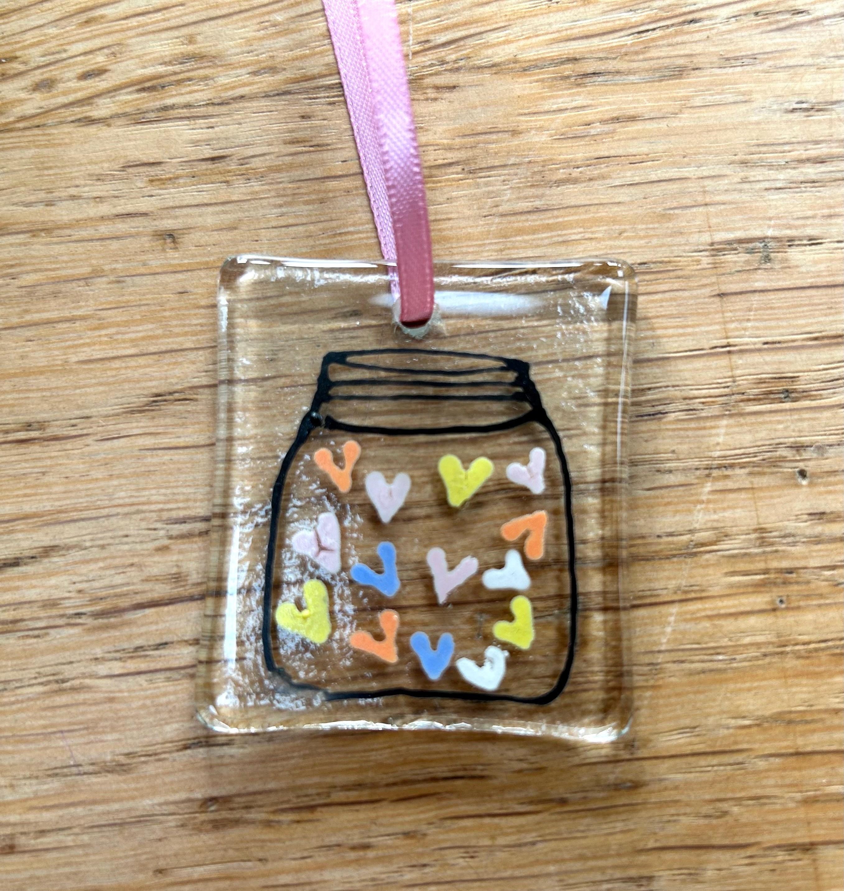 Greetings card with glass ornament with Jar of Hearts design