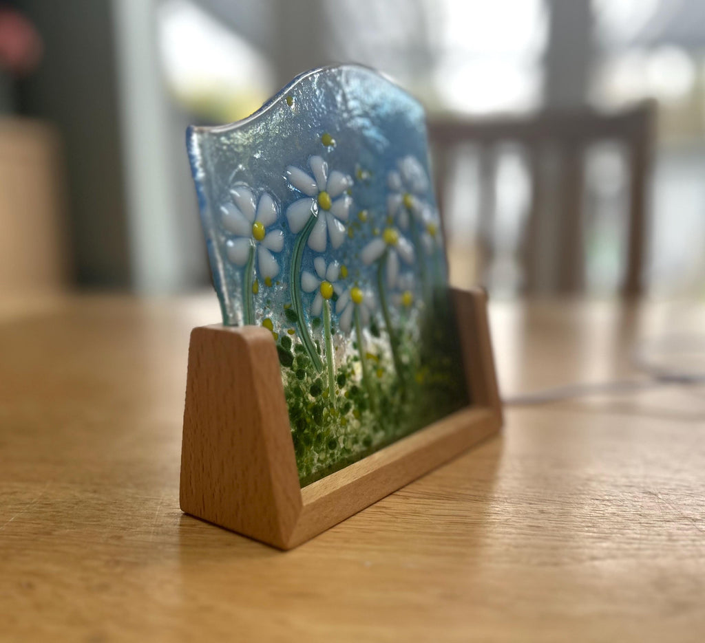 Floral fused glass Daisy panel on a light up stand